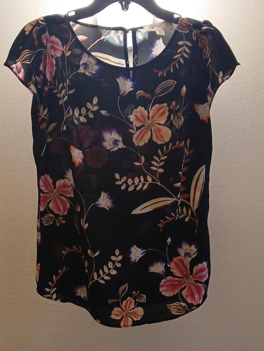 Philosophy Black Floral Cap-Sleeve Blouse with Pink & Peach Flowers